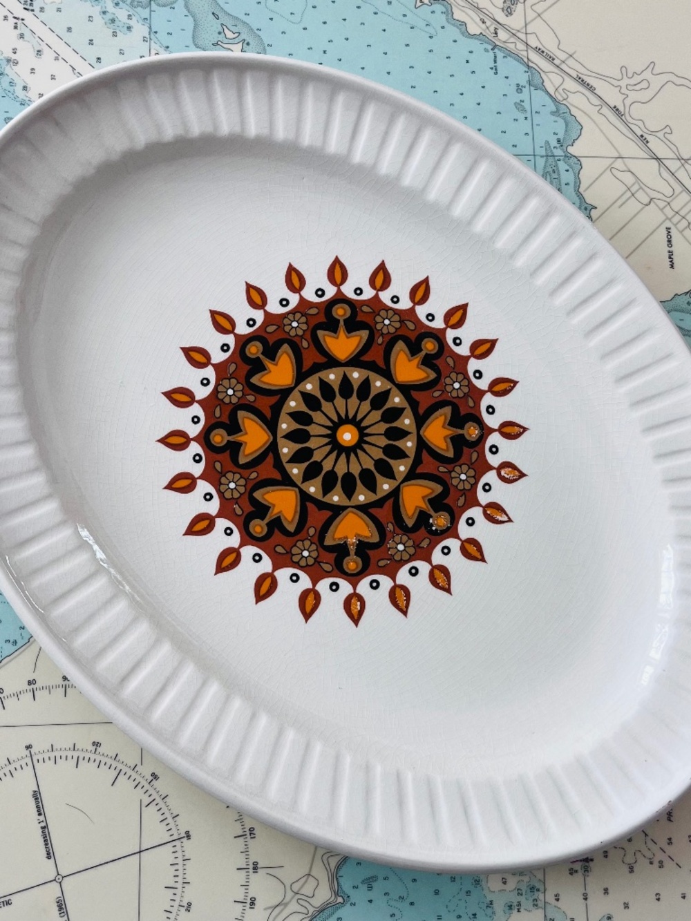 Vintage 70s Staffordshire England Ceramic Platter with Sun Design. Marked H. Ayn